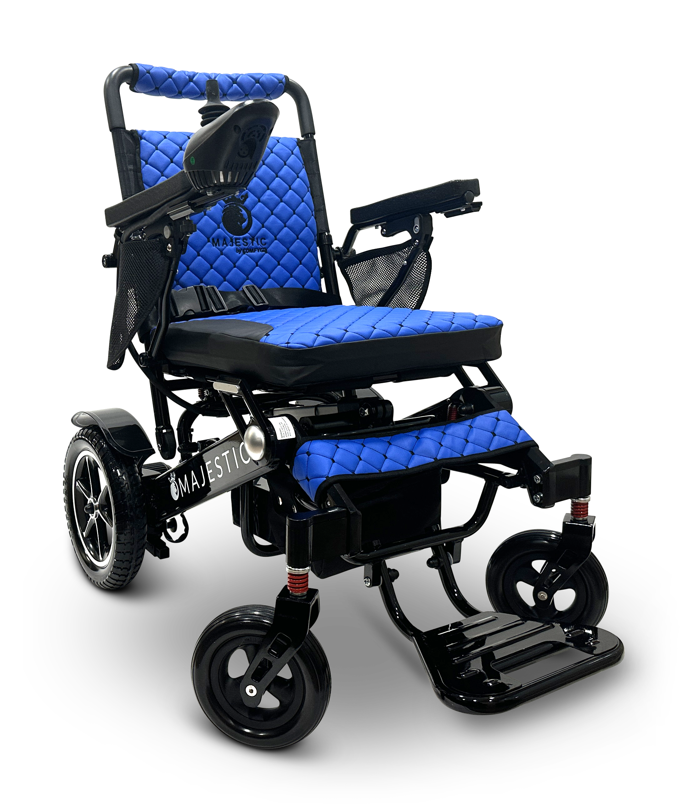 The MAJESTIC IQ-7000 Remote Controlled Electric Wheelchair is a sleek and lightweight mobility aid featuring a black frame and a quilted blue seat cushion. It comes equipped with joystick control on the armrest, durable wheels, and a foldable footrest, with the word "Majestic" prominently displayed on its side.